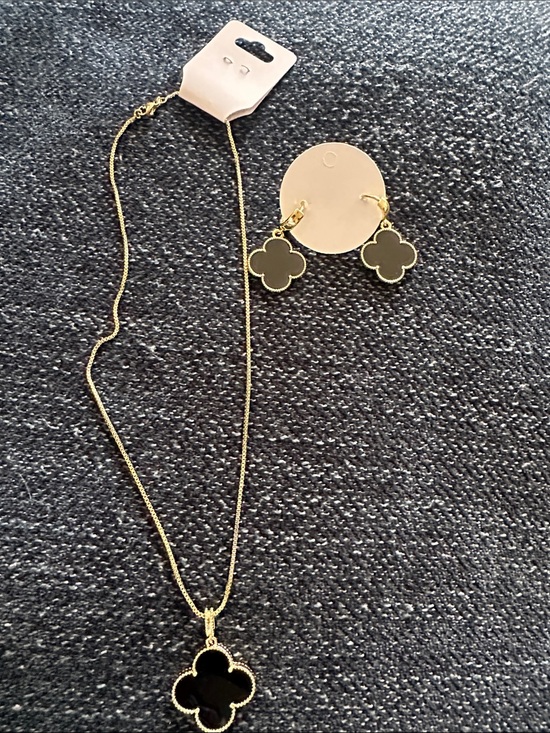 Jewelry - Gold-Tone Black Clover Pendant Necklace and Earrings Set